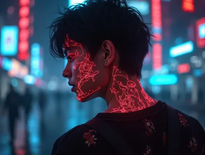 Cyberpunk Person With Glowing Red Neon Facial Tattoos