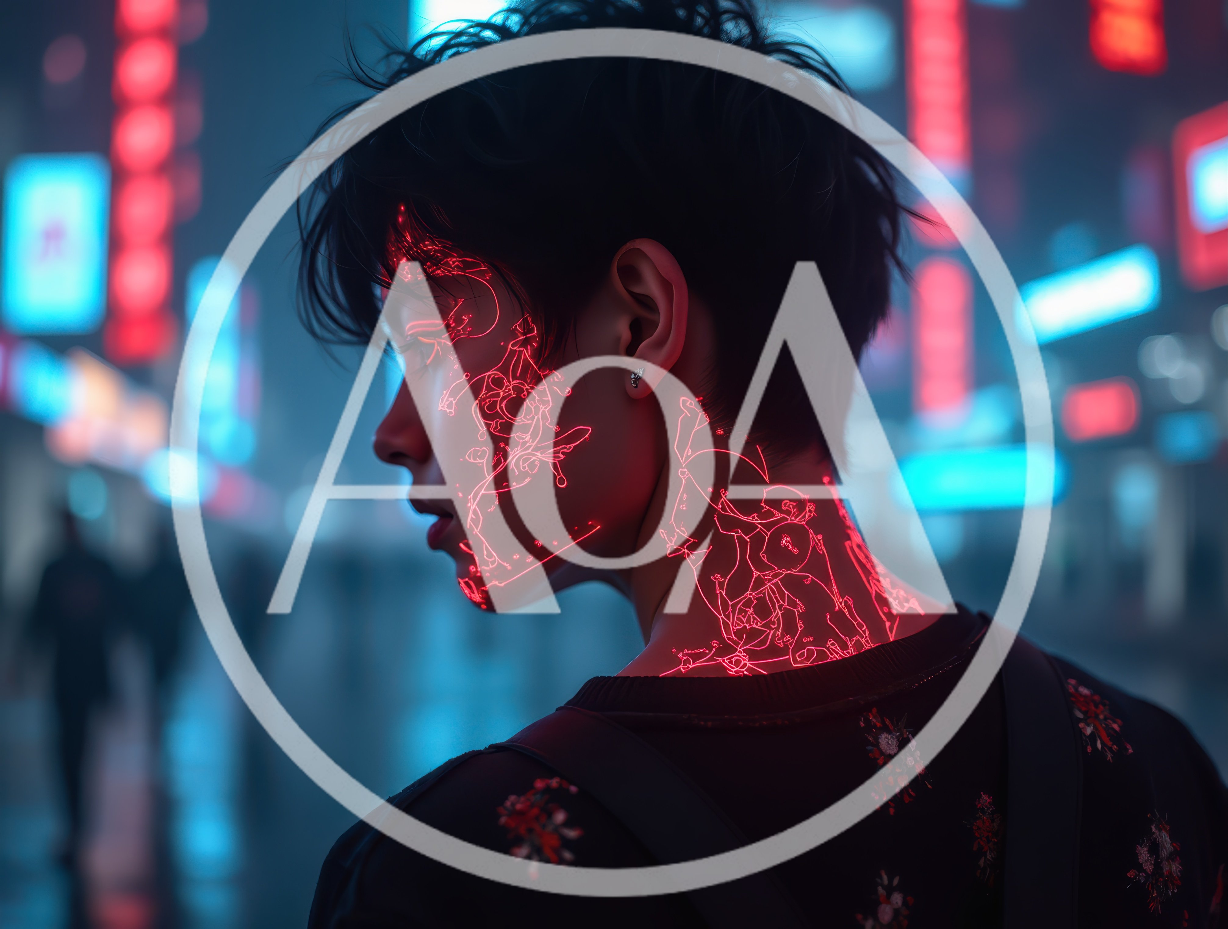 Cyberpunk Person With Glowing Red Neon Facial Tattoos