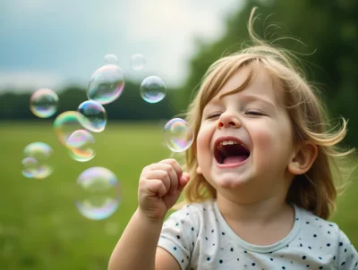 Happy Toddler Girl Playing With Bubbles Outdoors