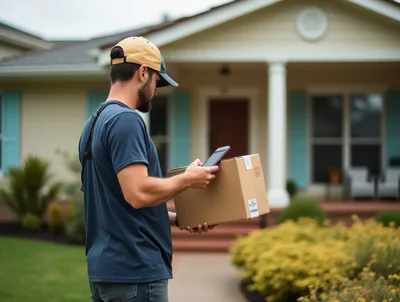 Delivery Driver Holding Package And Scanning With Smartphone