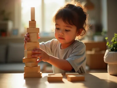 Toddler Playing With Wooden Building Blocks