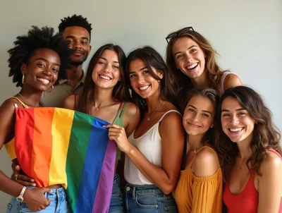 Diverse Group Of Friends Holding A Rainbow Flag