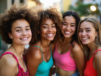 Four Diverse Young Women Smiling Together Outdoors