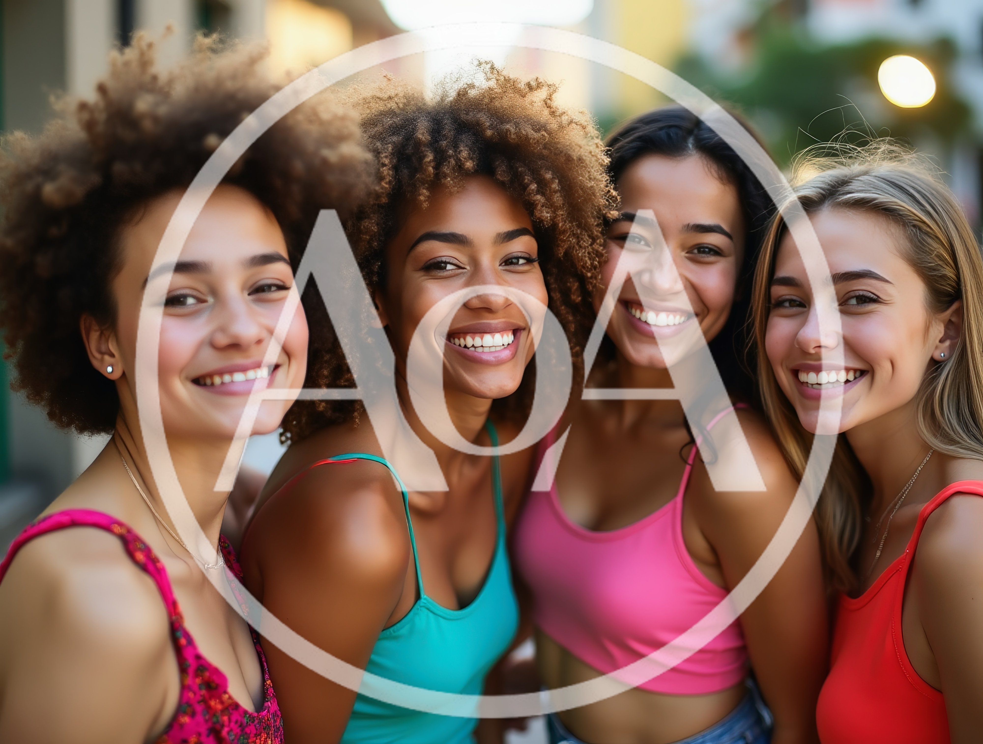 Four Diverse Young Women Smiling Together Outdoors