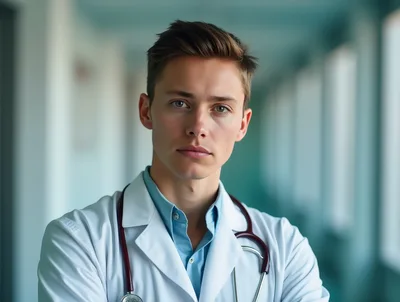 Young Male Doctor Standing In Hospital Corridor