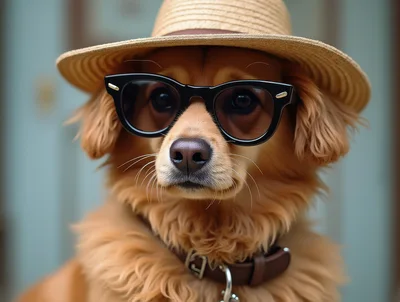 Golden Retriever Dog Wearing Straw Hat And Glasses