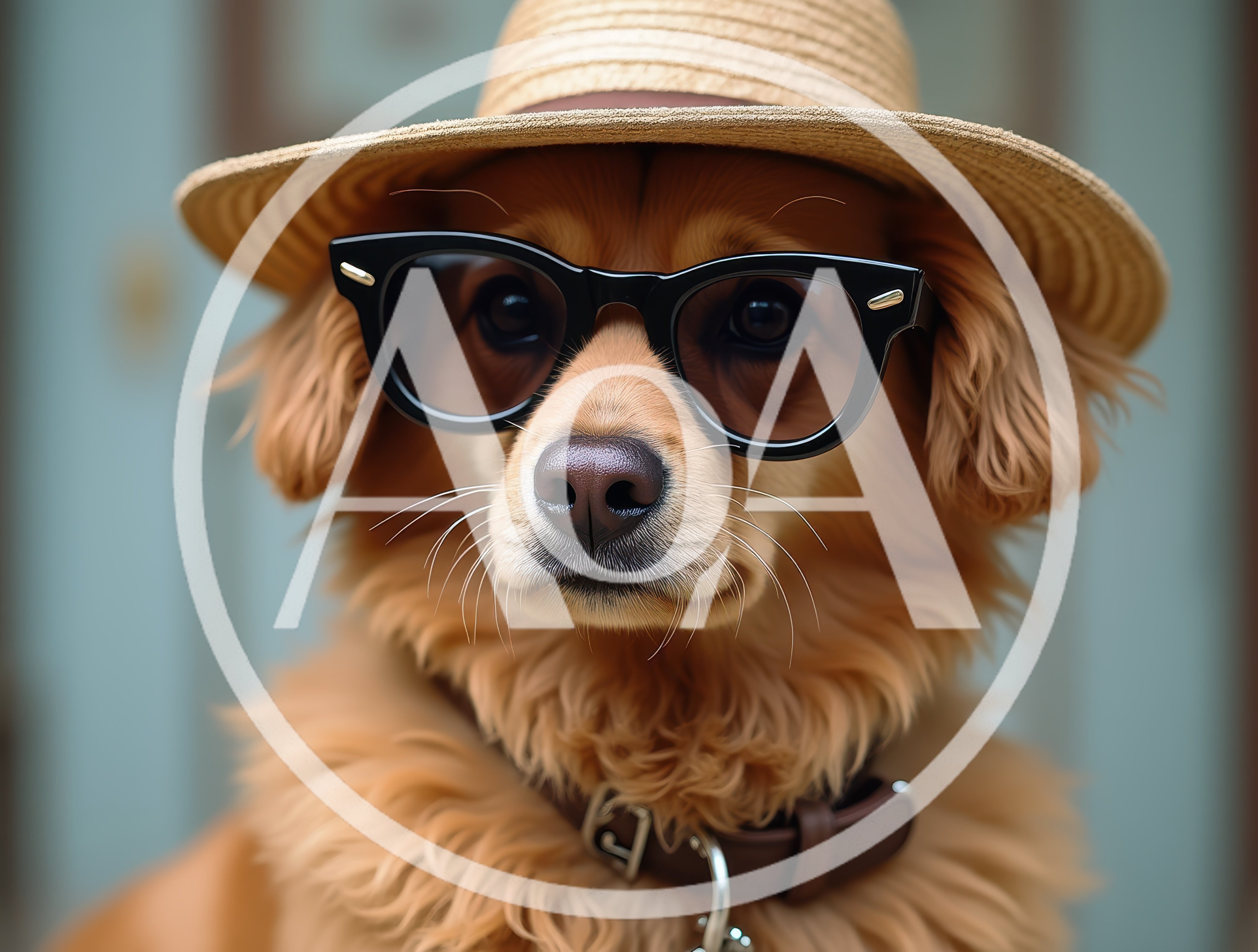 Golden Retriever Dog Wearing Straw Hat And Glasses