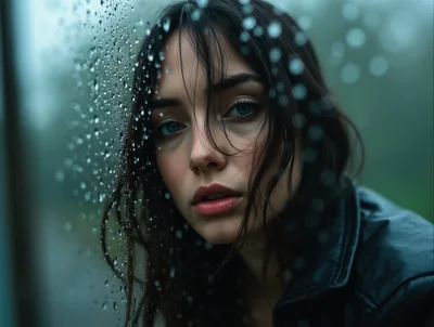 Melancholic Woman Looking Through Rain Streaked Window