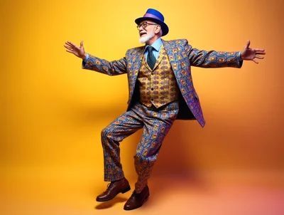 Stylish Senior Man Dancing In Patterned Suit
