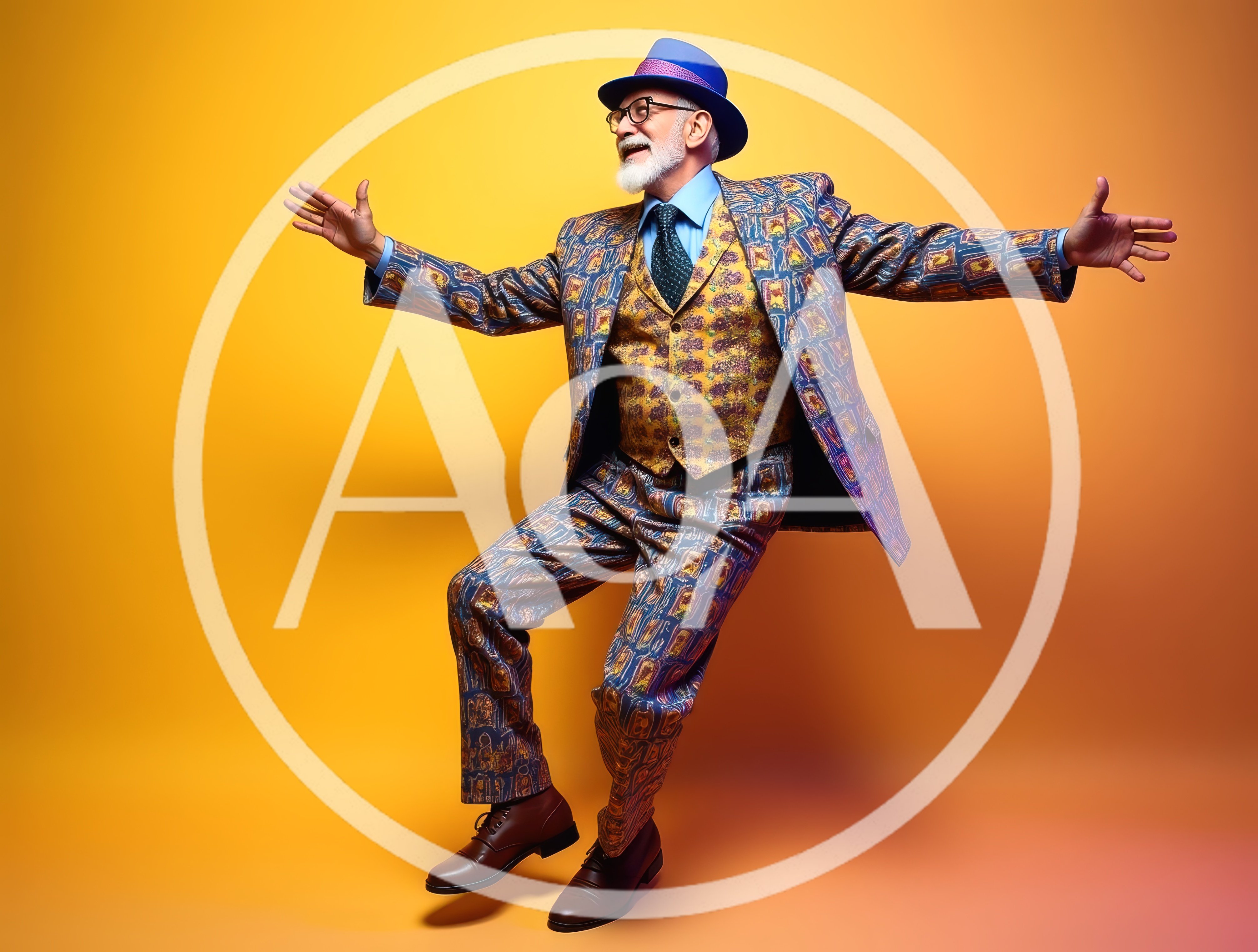 Stylish Senior Man Dancing In Patterned Suit