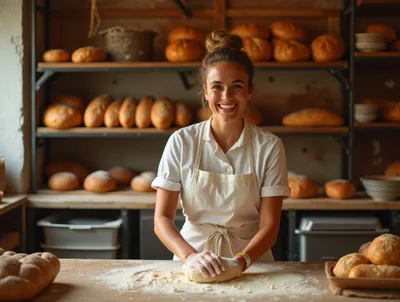 Smiling Baker Kneading Dough In A Rustic Bakery