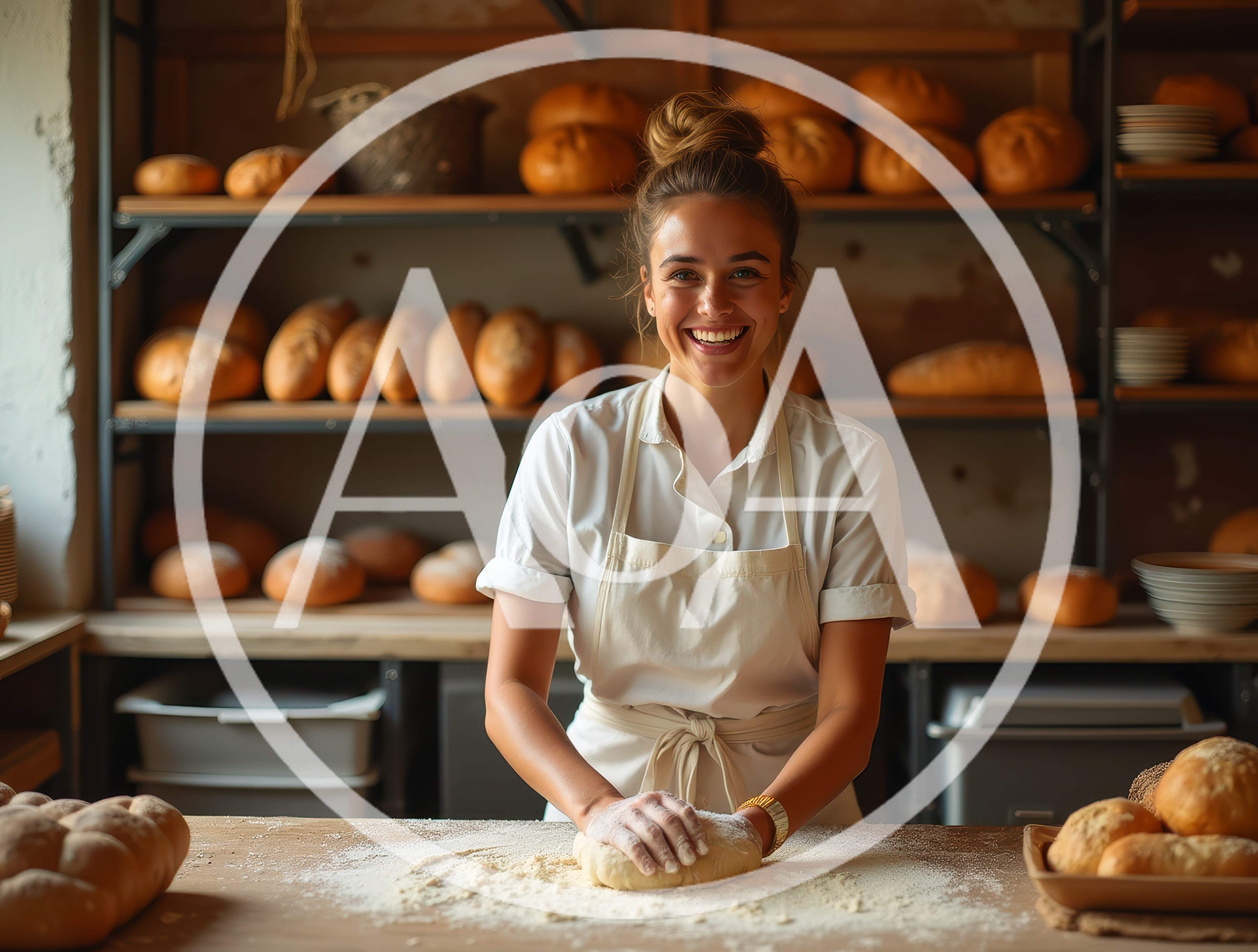 Smiling Baker Kneading Dough In A Rustic Bakery