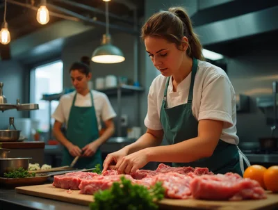 Professional Chefs Preparing Raw Meat In Commercial Kitchen