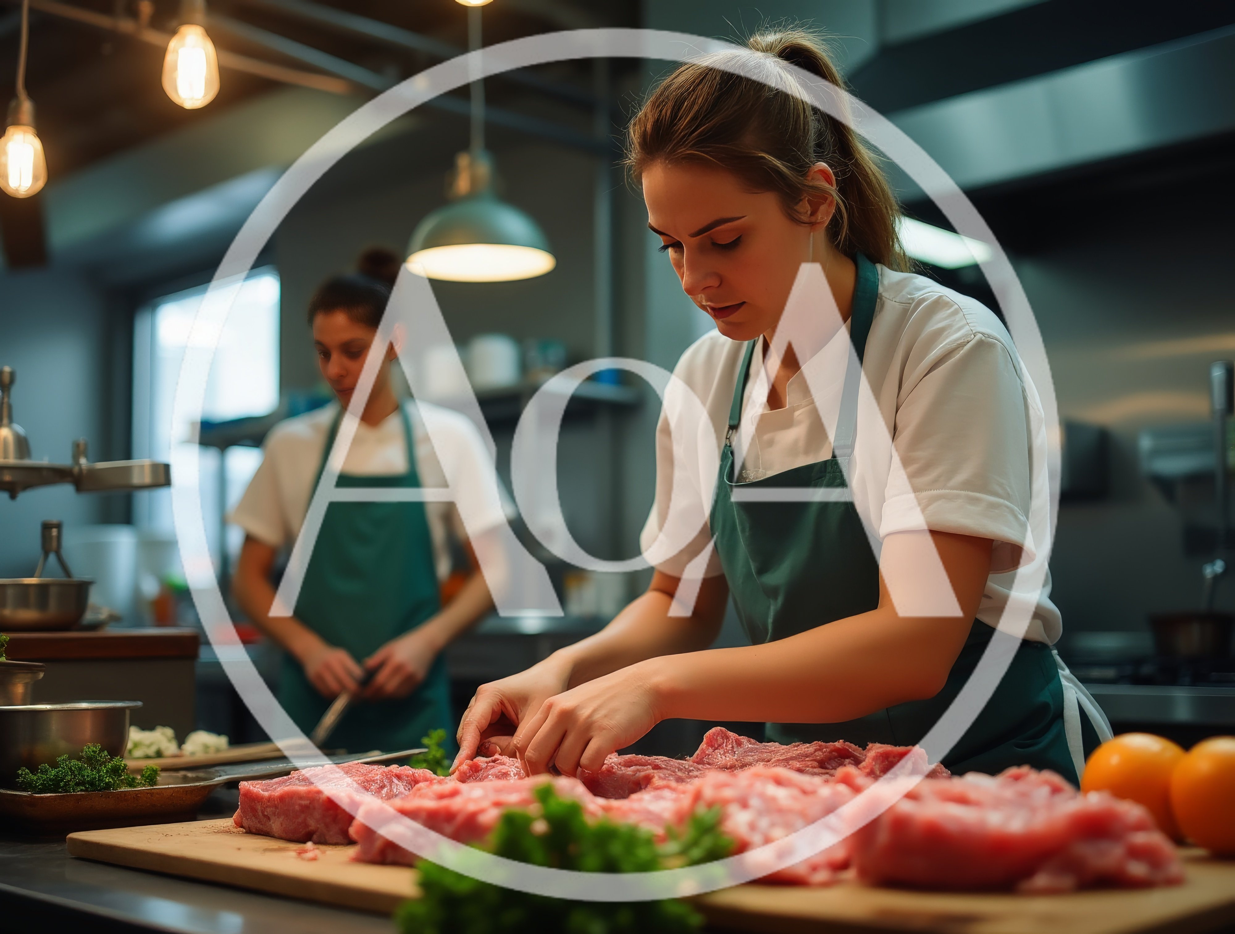 Professional Chefs Preparing Raw Meat In Commercial Kitchen
