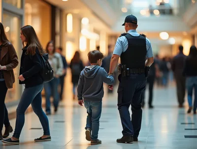 Security officer assisting lost child in busy mall