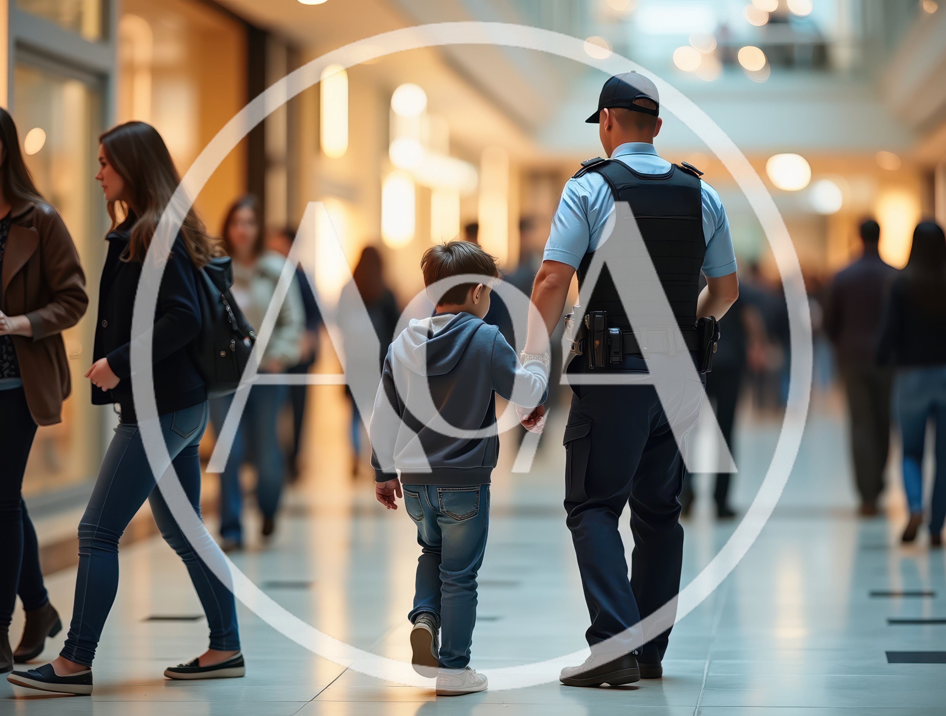Security officer assisting lost child in busy mall