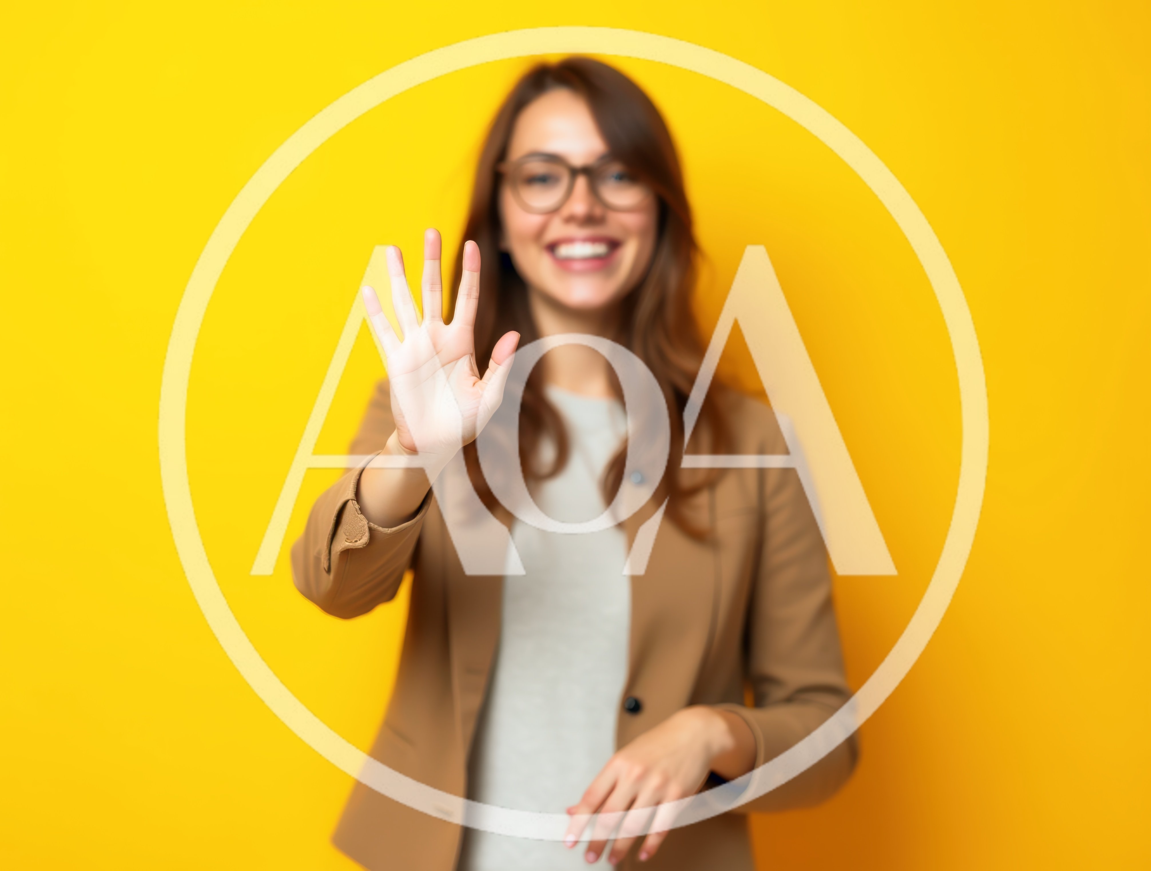 Young Woman Showing Five Fingers Against Yellow Background