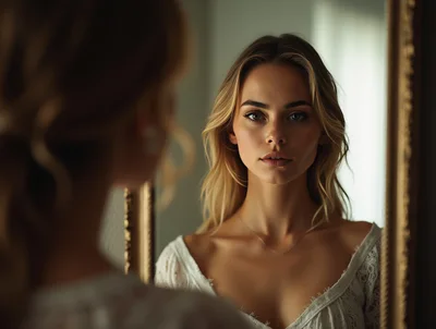 Young Woman Looking At Her Reflection In A Mirror