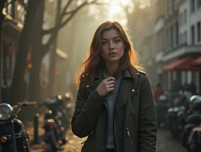 Young Woman Standing On A Misty European Street