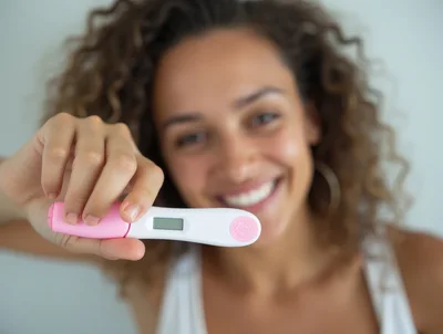 Happy Woman Holding A Positive Pregnancy Test