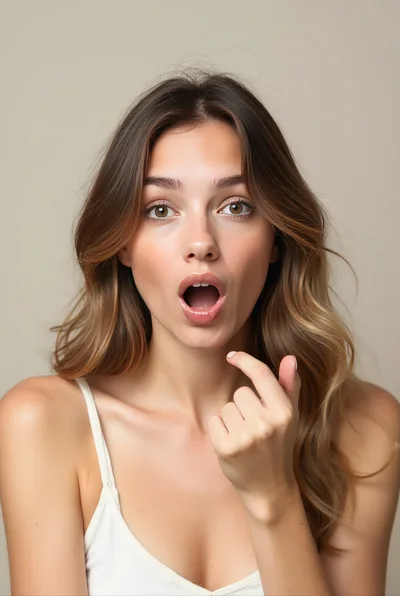 Surprised Young Woman Pointing To Her Open Mouth