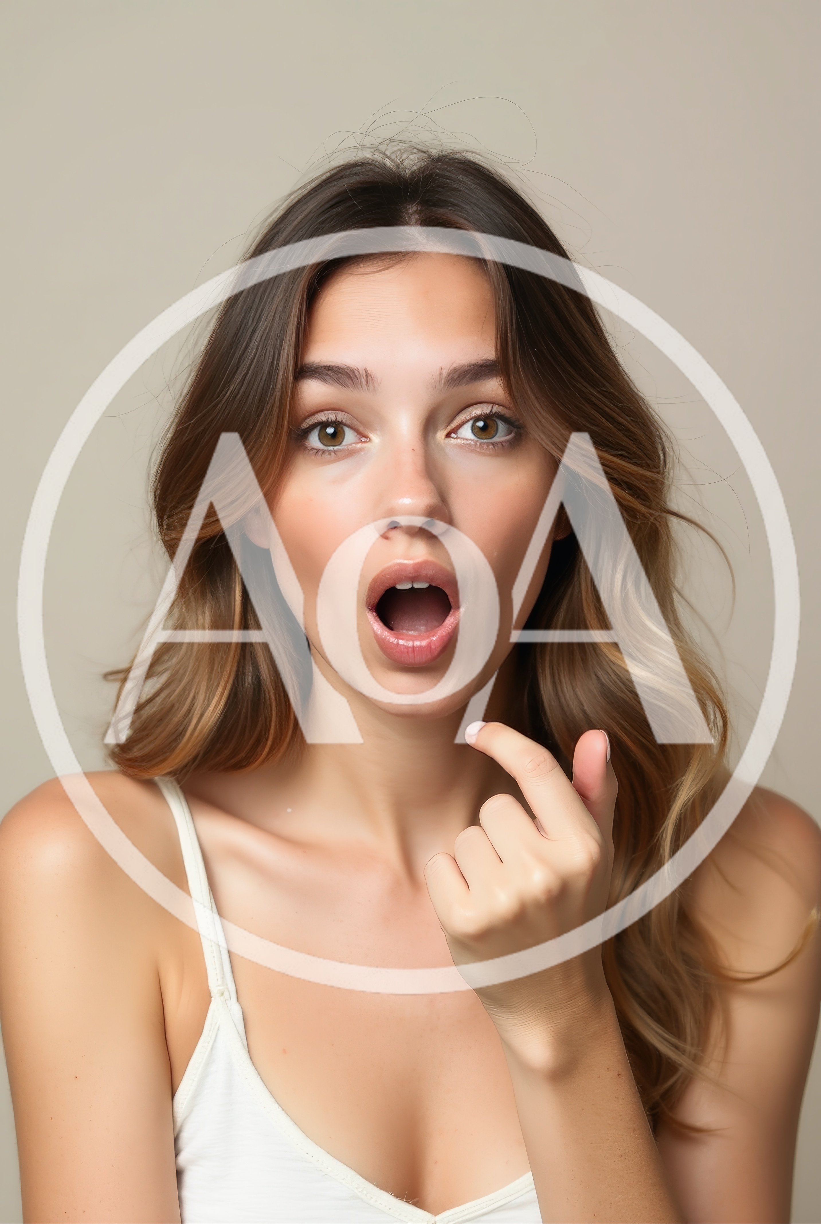 Surprised Young Woman Pointing To Her Open Mouth