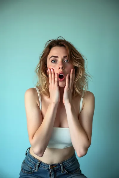 Surprised Young Woman With Hands On Her Cheeks