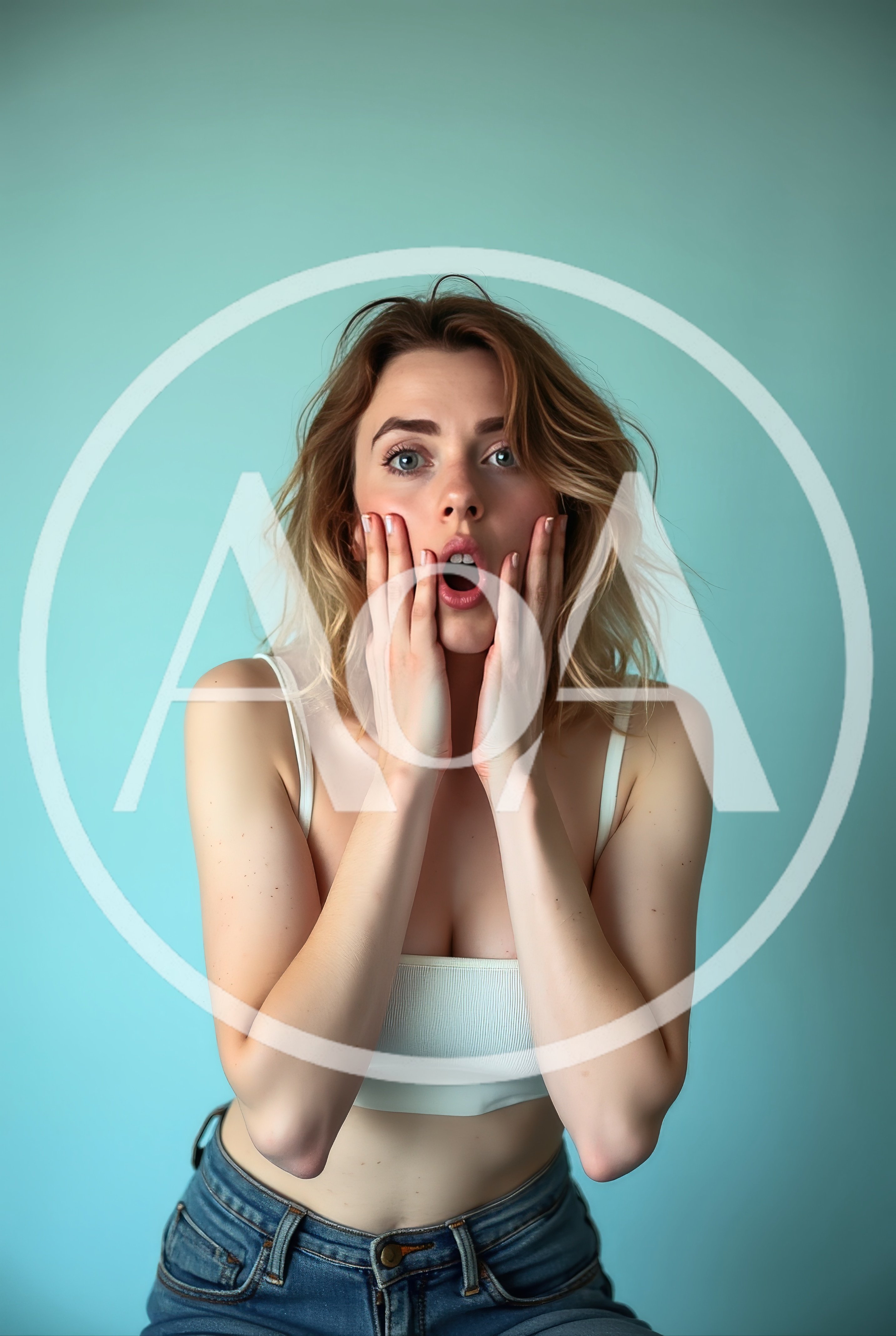 Surprised Young Woman With Hands On Her Cheeks