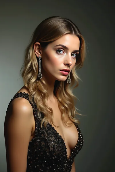 Elegant Blonde Woman Wearing Evening Gown And Earrings
