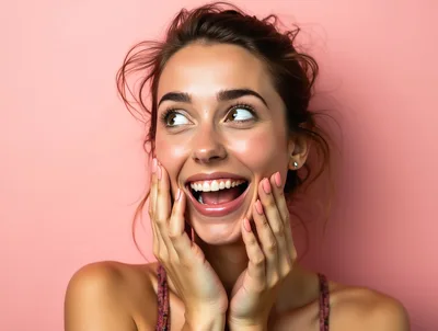 Excited Young Woman With Hands On Cheeks
