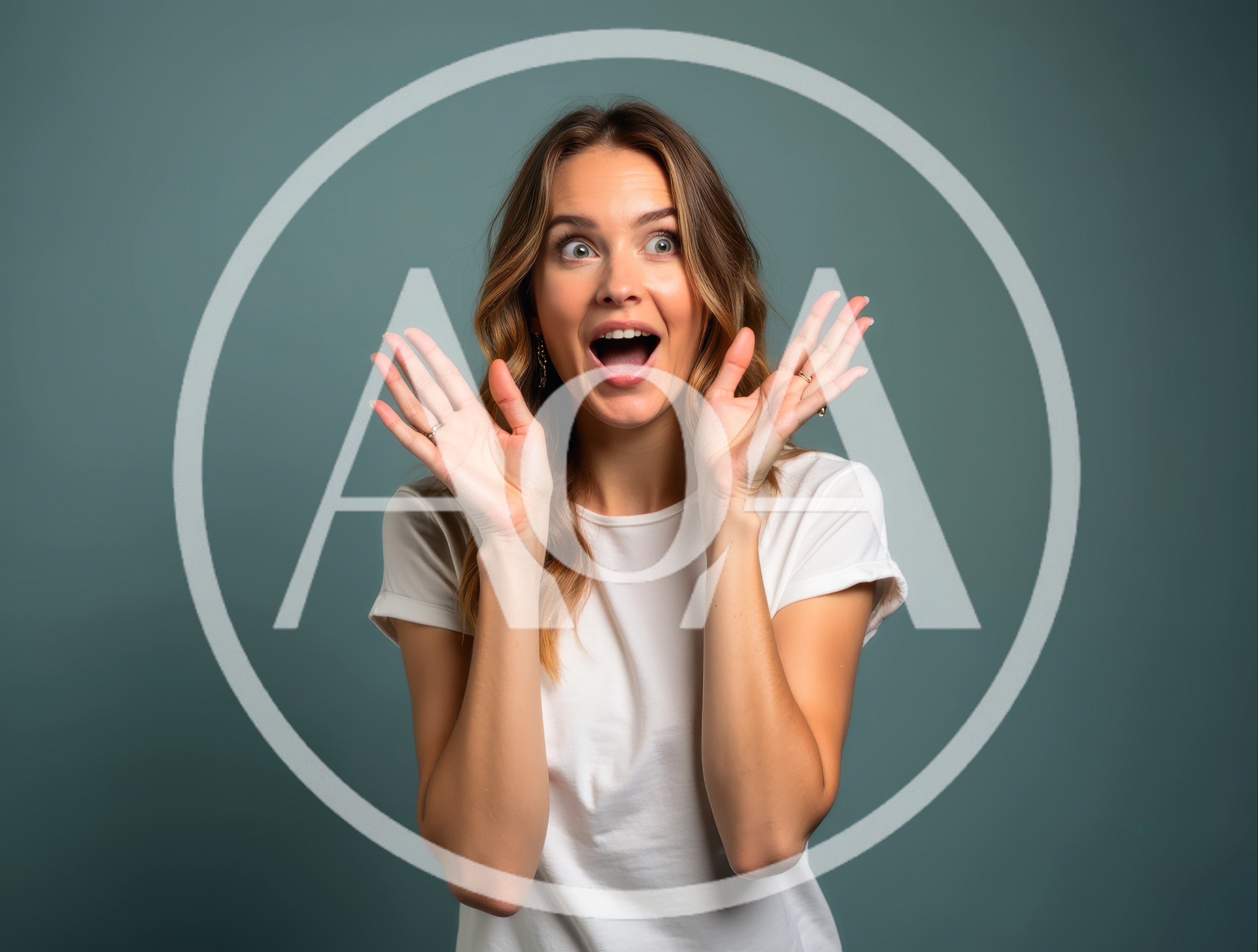 Surprised Young Woman With Hands Raised