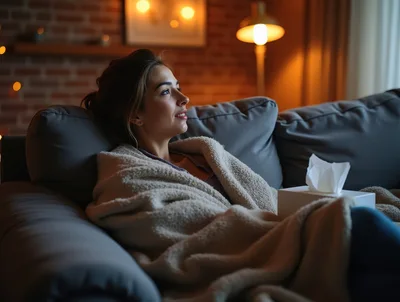 Young Woman Relaxing On Sofa With Blanket And Tissues