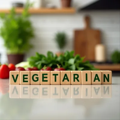 Vegetarian Word Spelled With Wooden Blocks In Kitchen