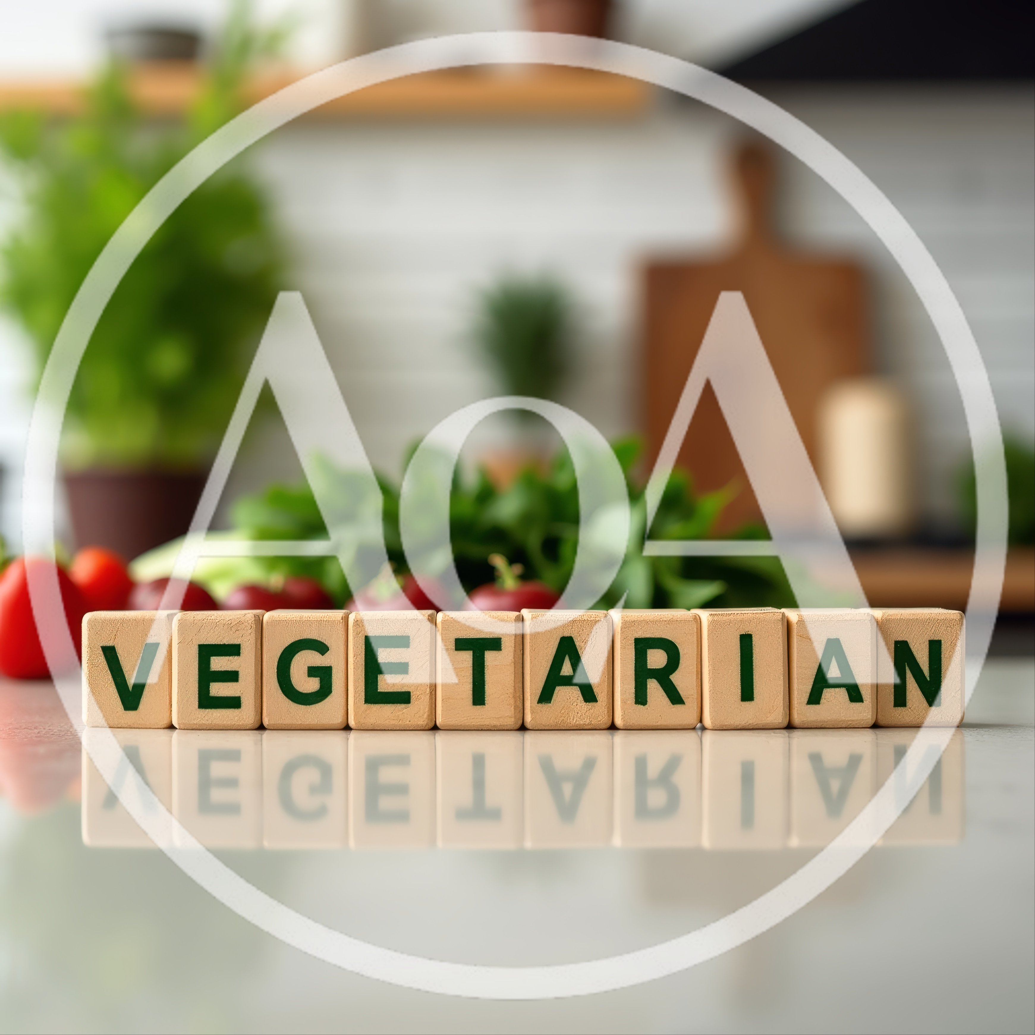 Vegetarian Word Spelled With Wooden Blocks In Kitchen