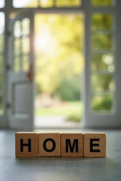 Wooden Blocks Spelling Home In Front Of Open Door