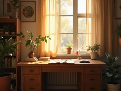 Wooden Desk With Open Book And Potted Plants
