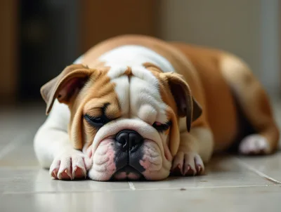 English Bulldog Puppy Resting On Tiled Floor