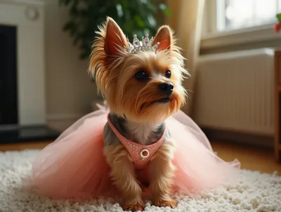 Adorable Yorkshire Terrier Wearing A Pink Tutu And Tiara