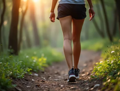 Woman Walking Along A Forest Trail At Sunset