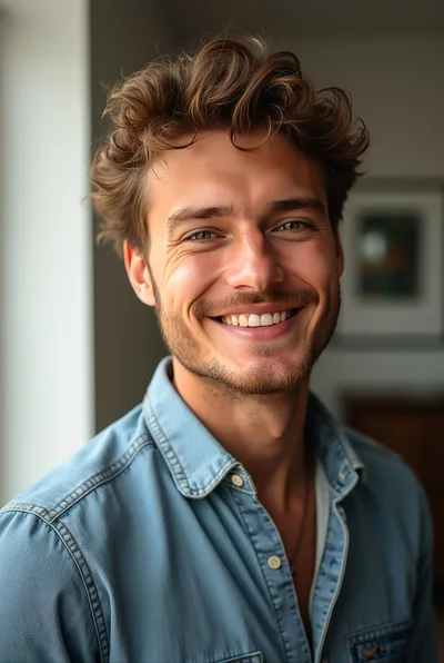 Portrait Of A Smiling Young Man In Denim Shirt