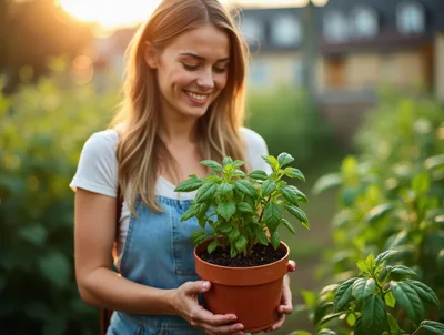 Young Woman Holding Potted Basil Plant In Garden