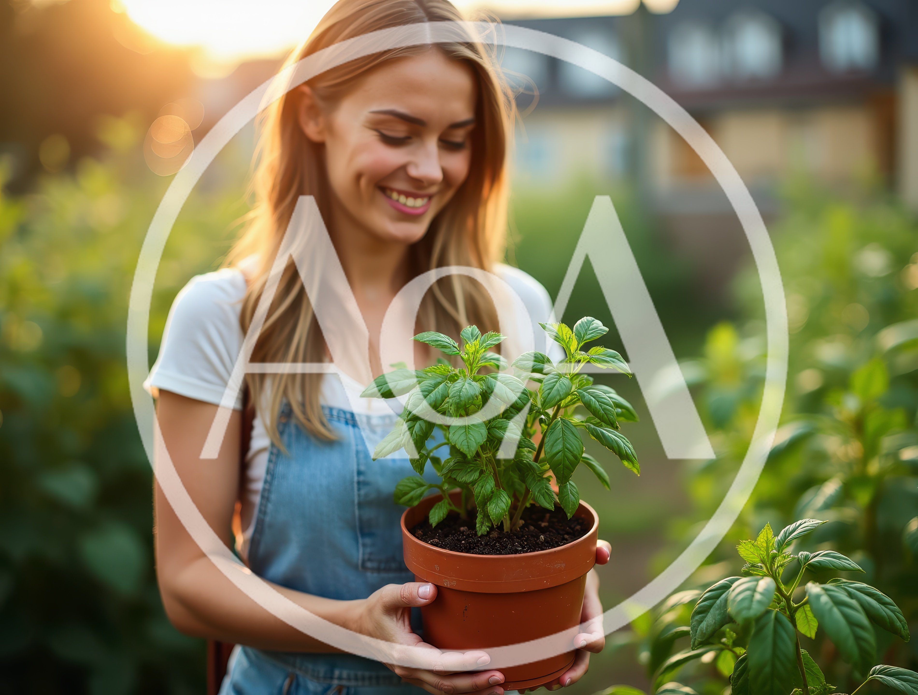 Young Woman Holding Potted Basil Plant In Garden