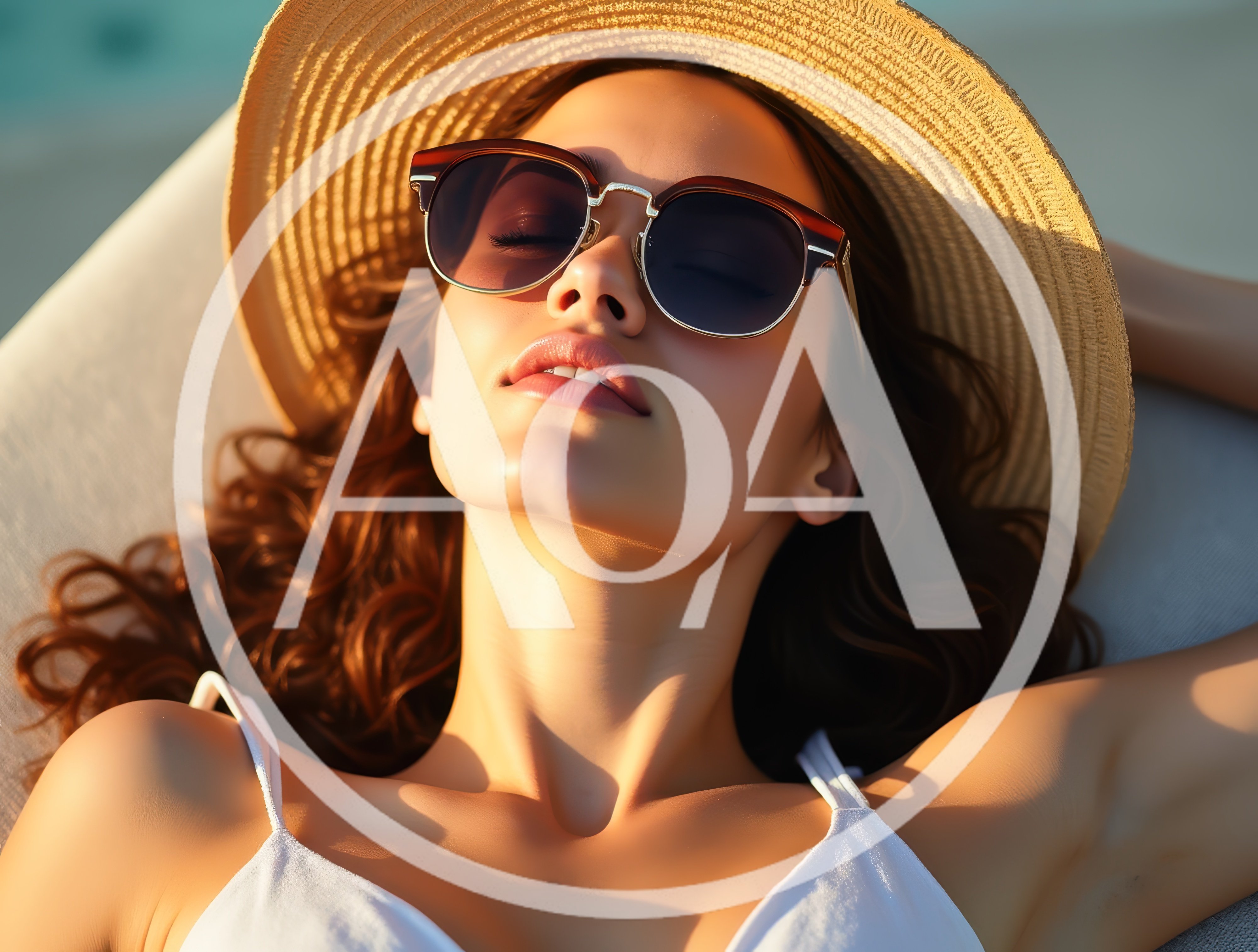 Woman Relaxing On A Sun Lounger Wearing A Straw Hat