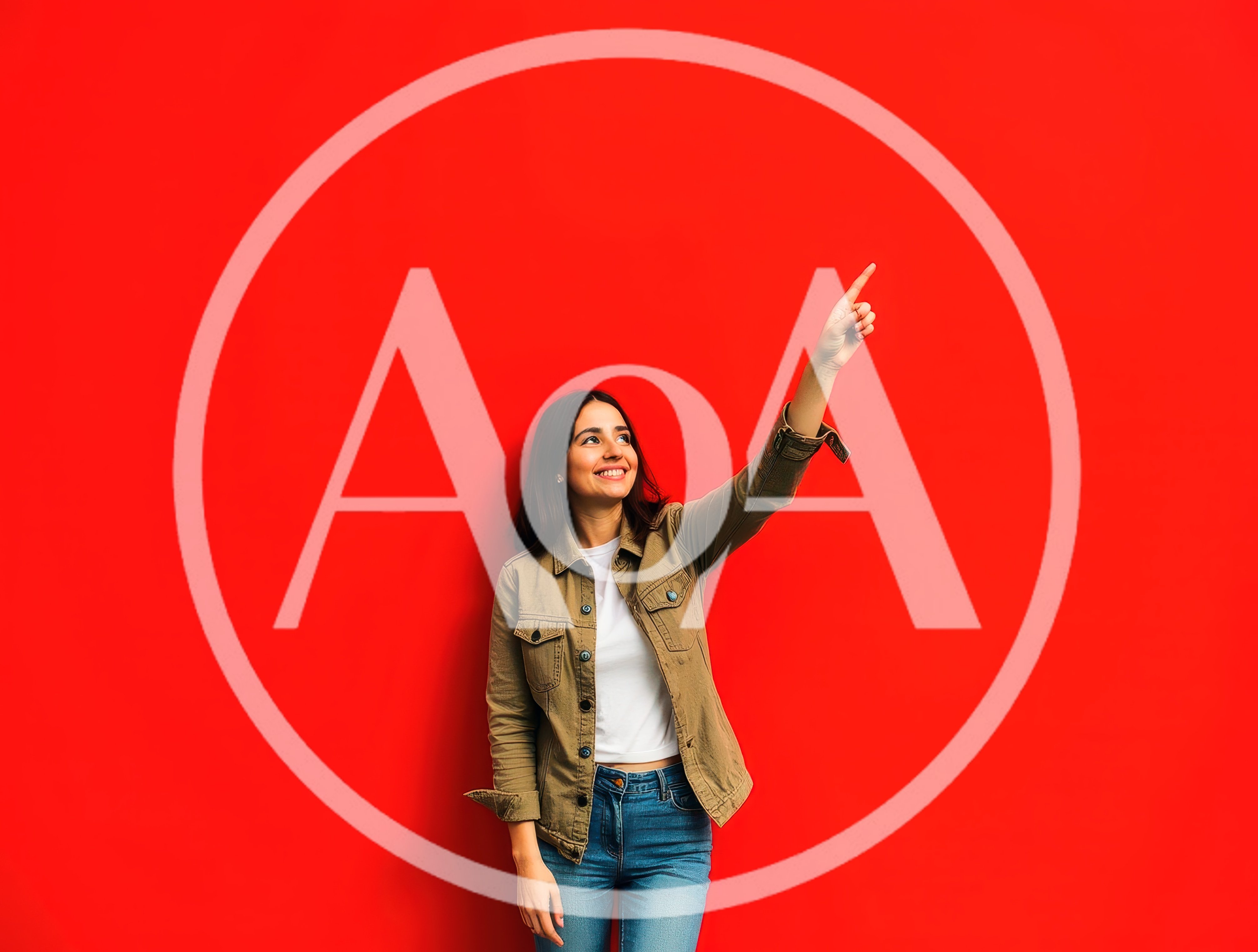 Young Woman Pointing Upwards Against Red Background
