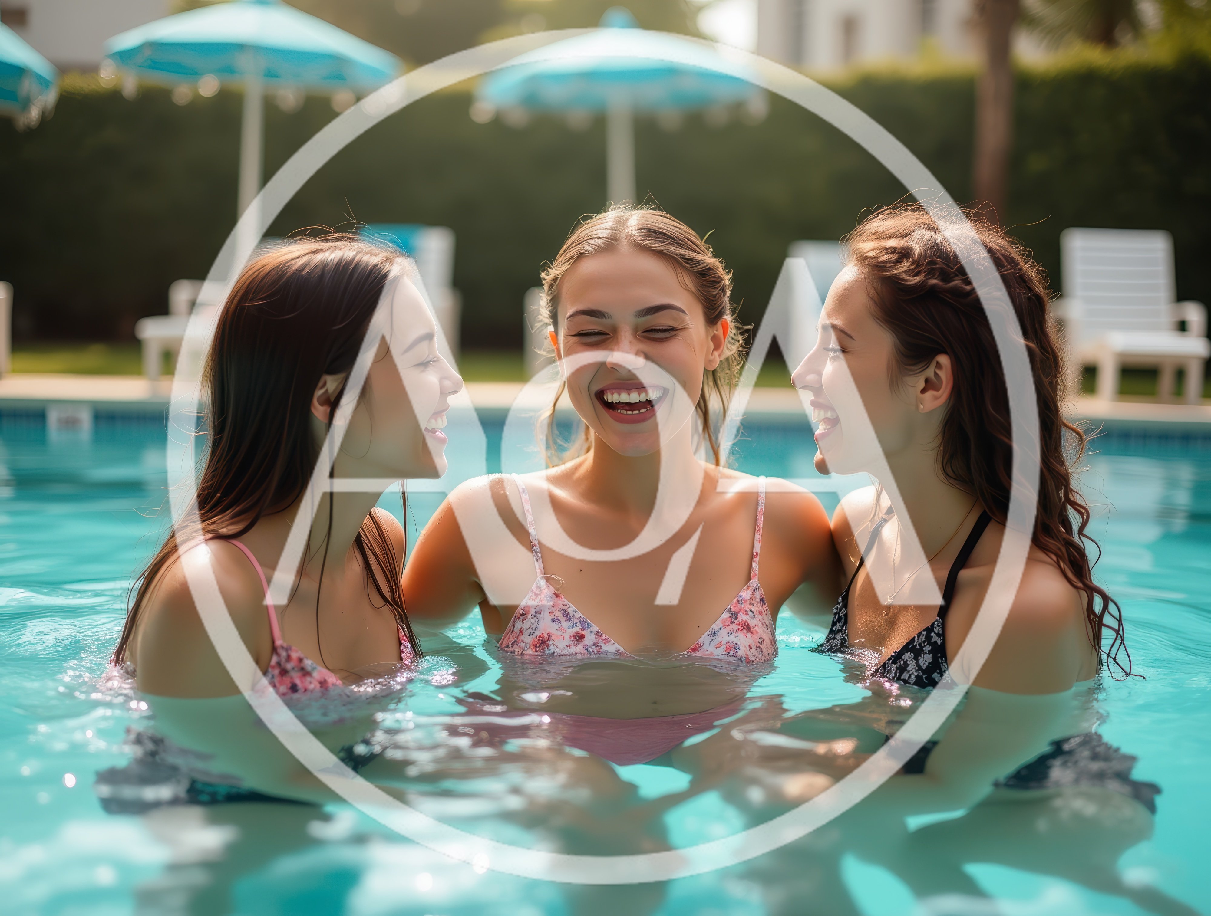 Three Young Women Laughing Together In A Swimming Pool