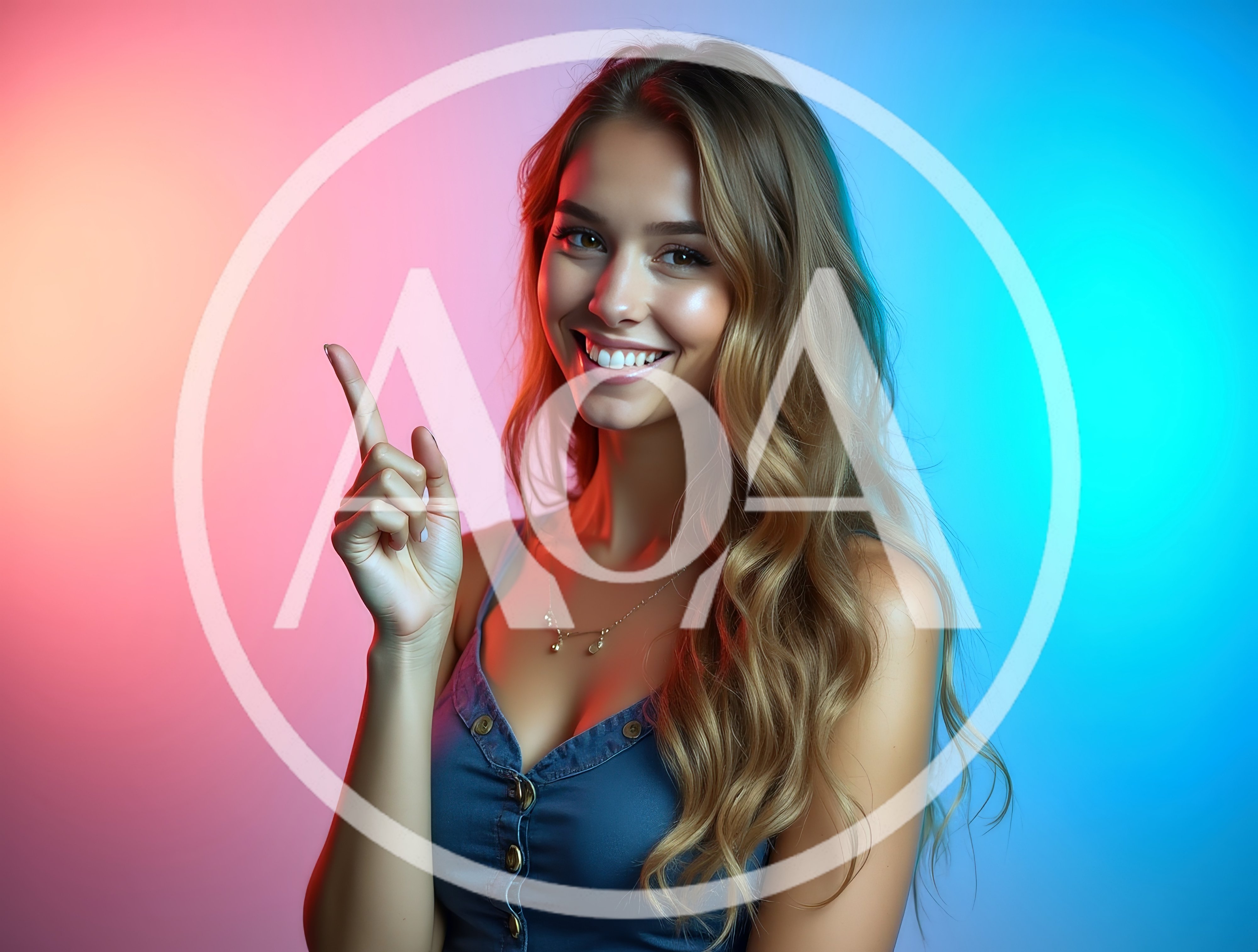 Smiling Young Woman Pointing Upwards Against Neon Background