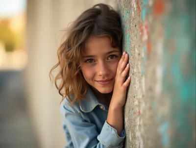 Young Girl Leaning Against A Textured Concrete Wall