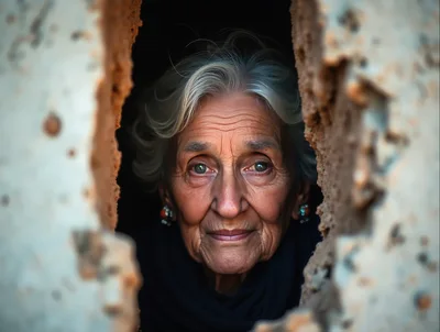 Portrait Of An Elderly Woman Looking Through A Hole