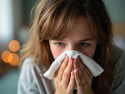 Young Woman Blowing Her Nose Into A Tissue
