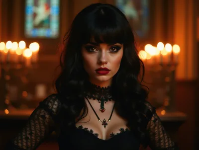 Gothic Woman With Dark Hair In Candlelit Church